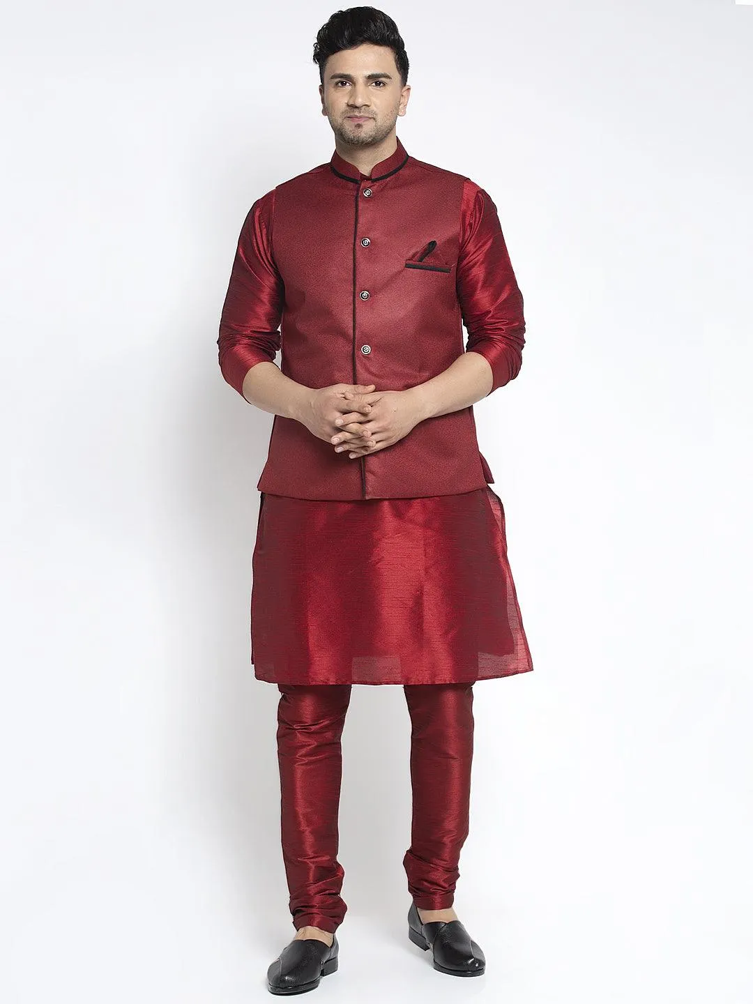 Men's Silk Blend Maroon Kurta With Pyjama & Maroon Nehru Jacket - Benstoke