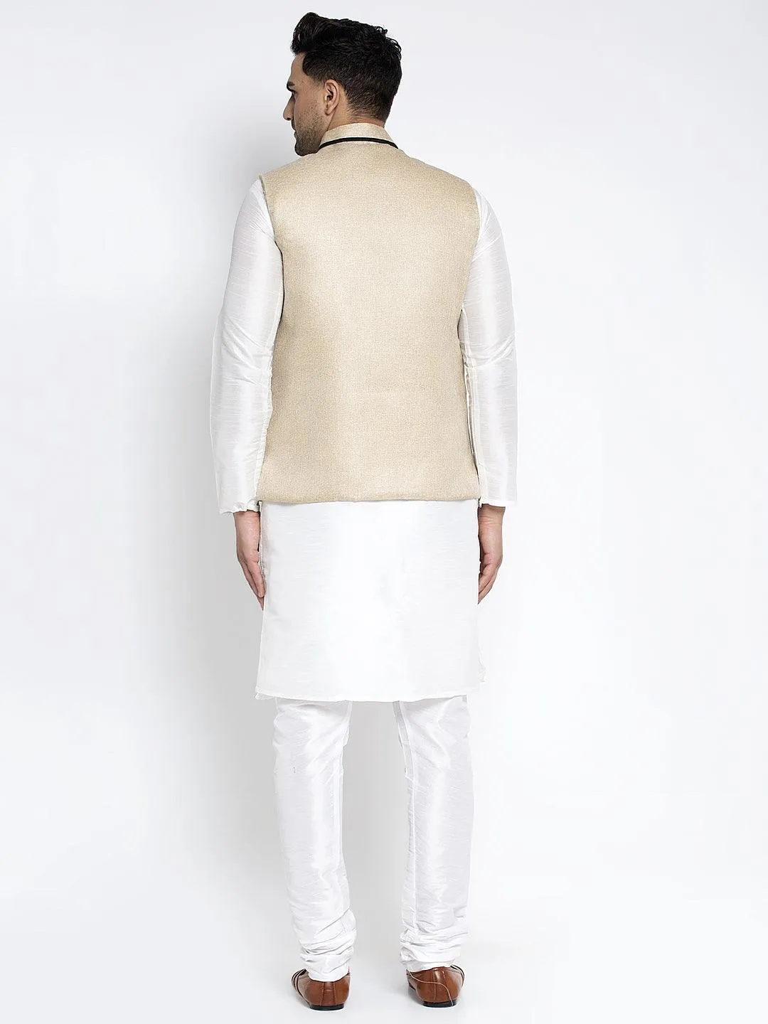 Men's Silk Blend White Kurta With Pyjama & Beige Nehru Jacket - Benstoke