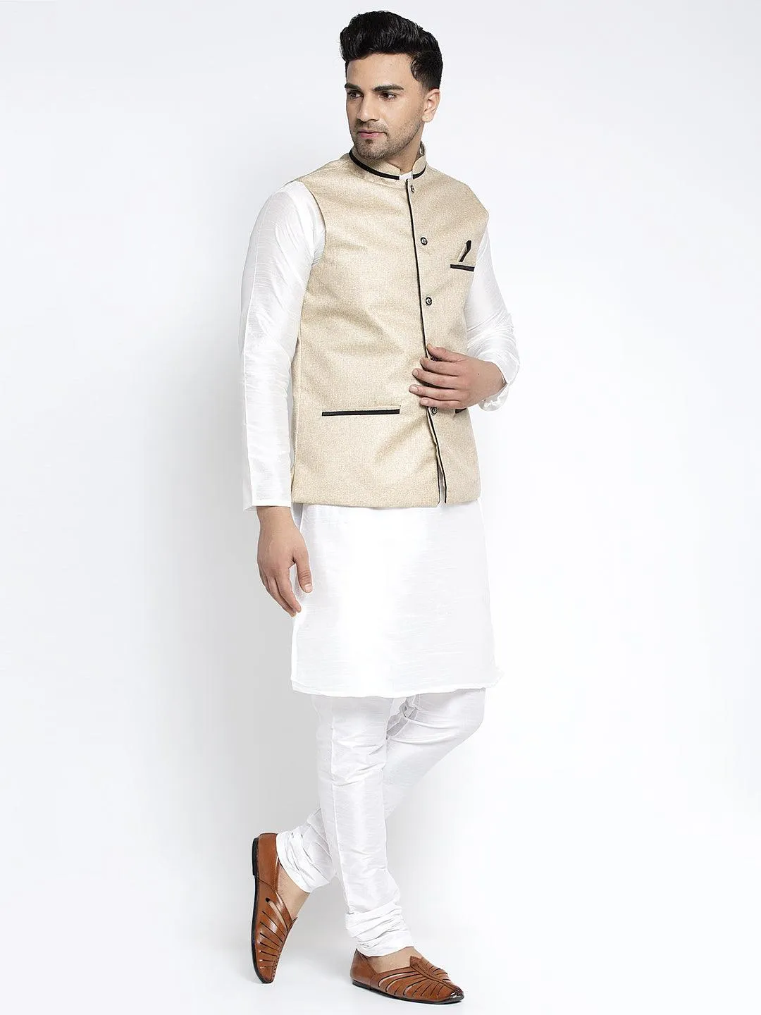 Men's Silk Blend White Kurta With Pyjama & Beige Nehru Jacket - Benstoke