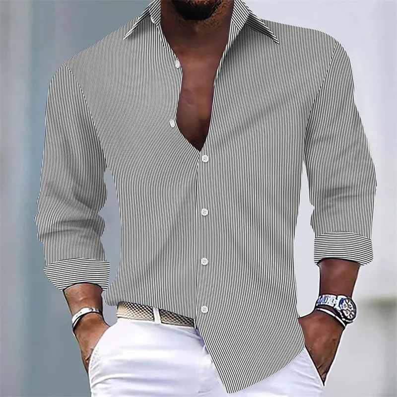 Men's Striped Long Sleeve Casual Shirt – Button-Down Lapel, Lightweight Everyday Wear - Path Of Praise