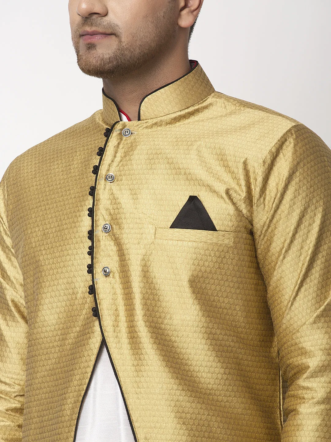 Men's White Kurta With Pyjama & Gold Self Design Jacket - Benstoke