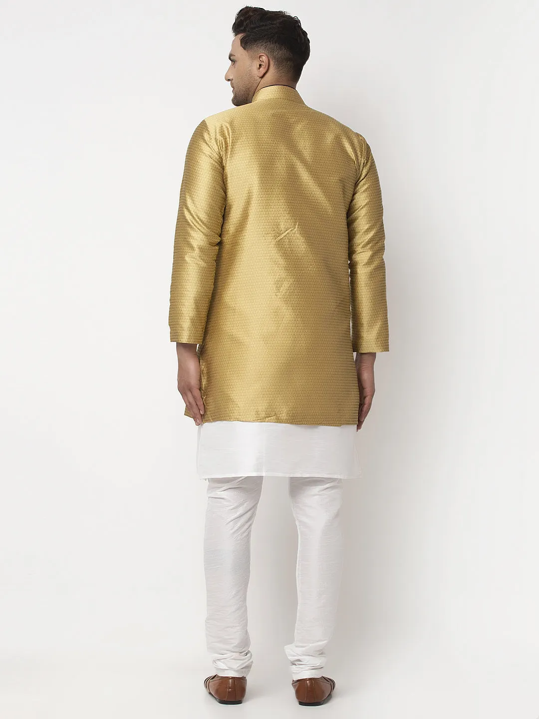 Men's White Kurta With Pyjama & Gold Self Design Jacket - Benstoke