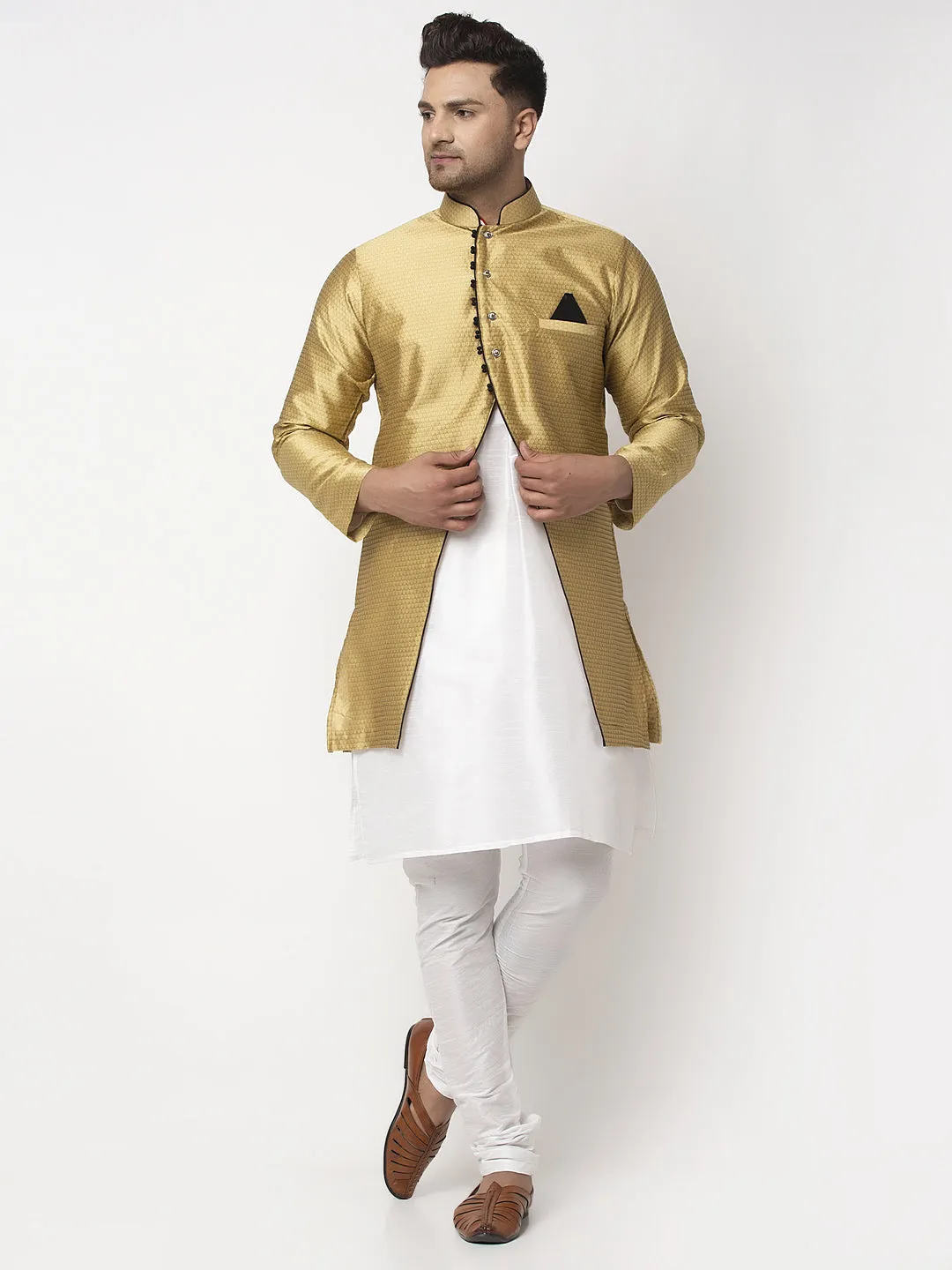 Men's White Kurta With Pyjama & Gold Self Design Jacket - Benstoke