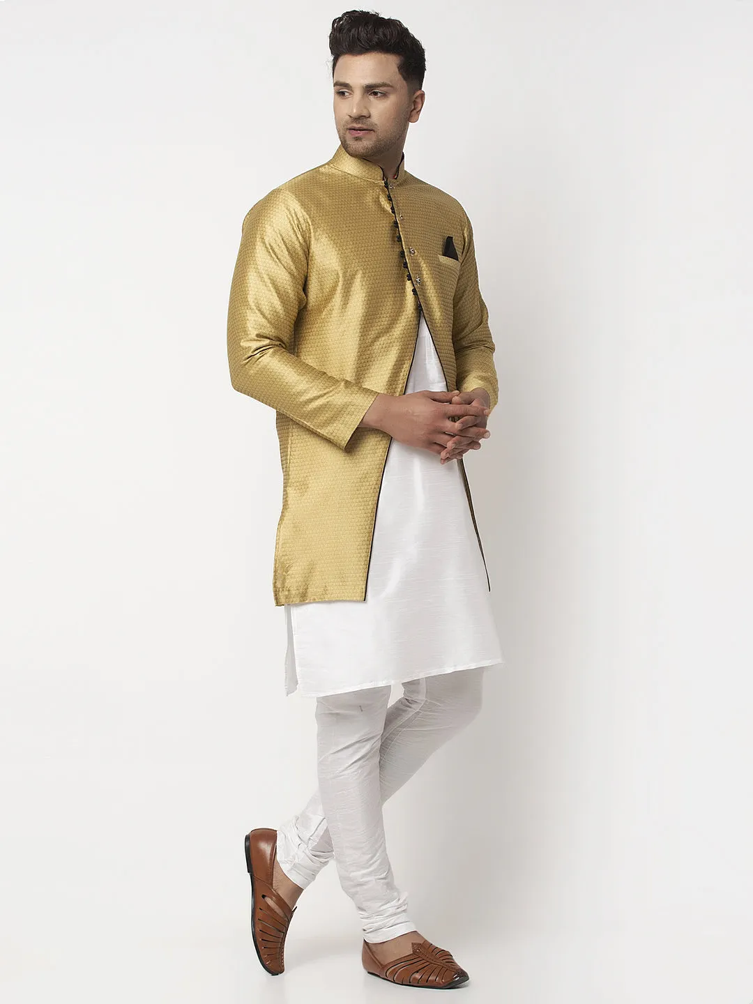 Men's White Kurta With Pyjama & Gold Self Design Jacket - Benstoke