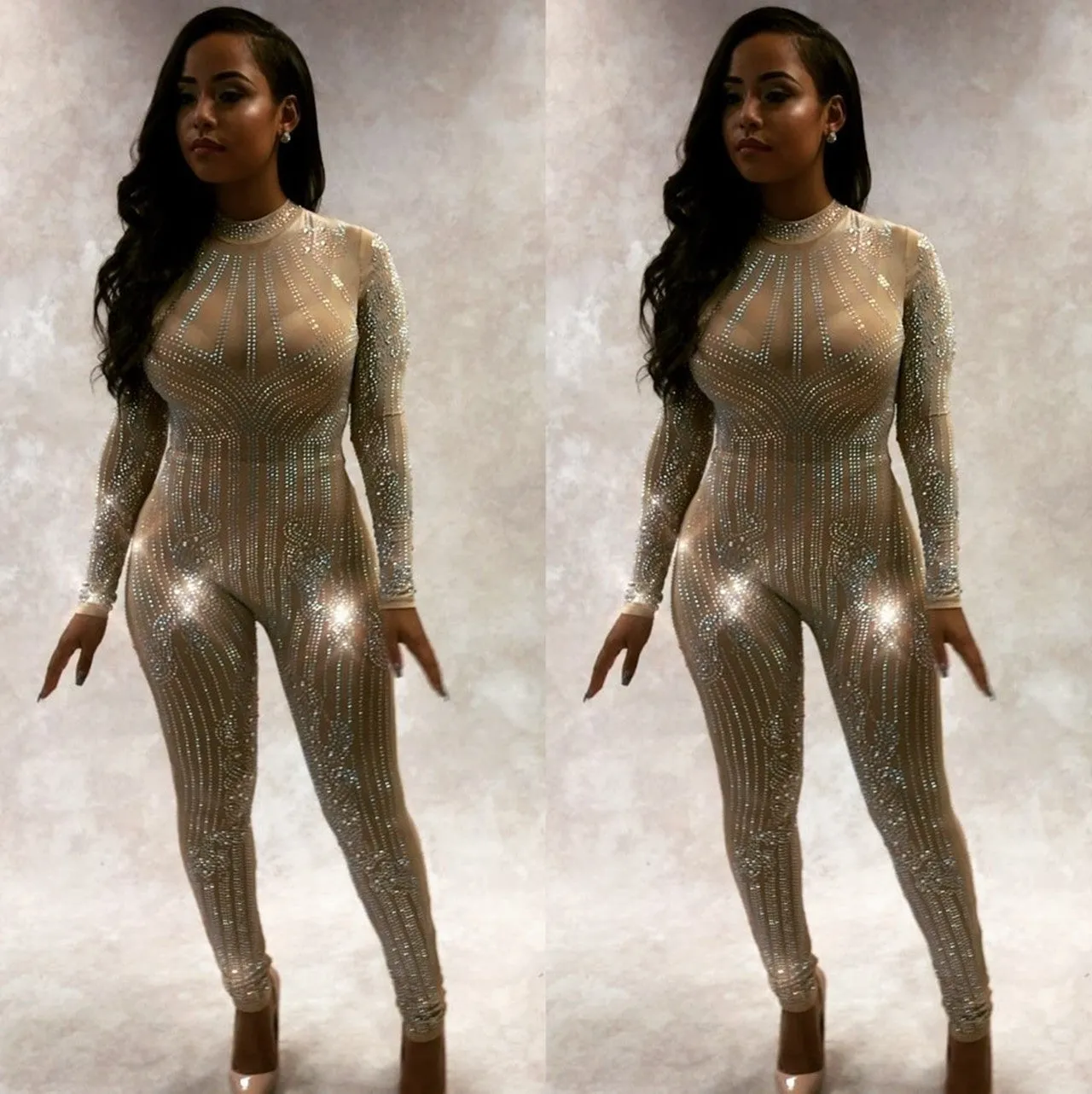 Mesh Hot Drilling Long Sleeve Women Jumpsuit