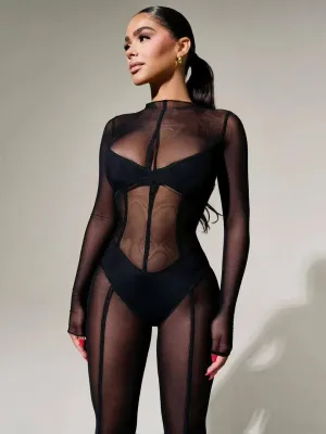 Mesh Long Sleeve Black Zip Up See Through  Jumpsuit