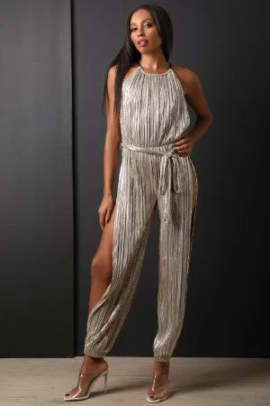 Metallic Accordion Pleated Side Slits Jumpsuit