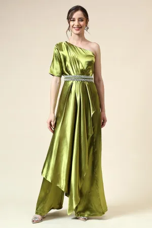 Metallic Green Drape Jumpsuit With Embellished Belt