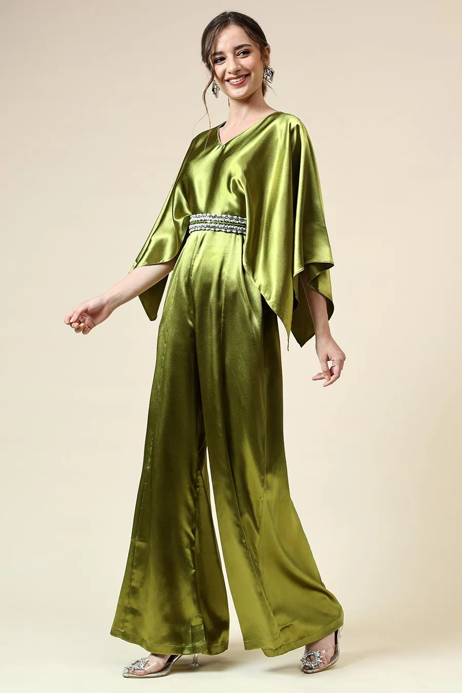 Metallic Green Jumpsuit With Embellished Belt