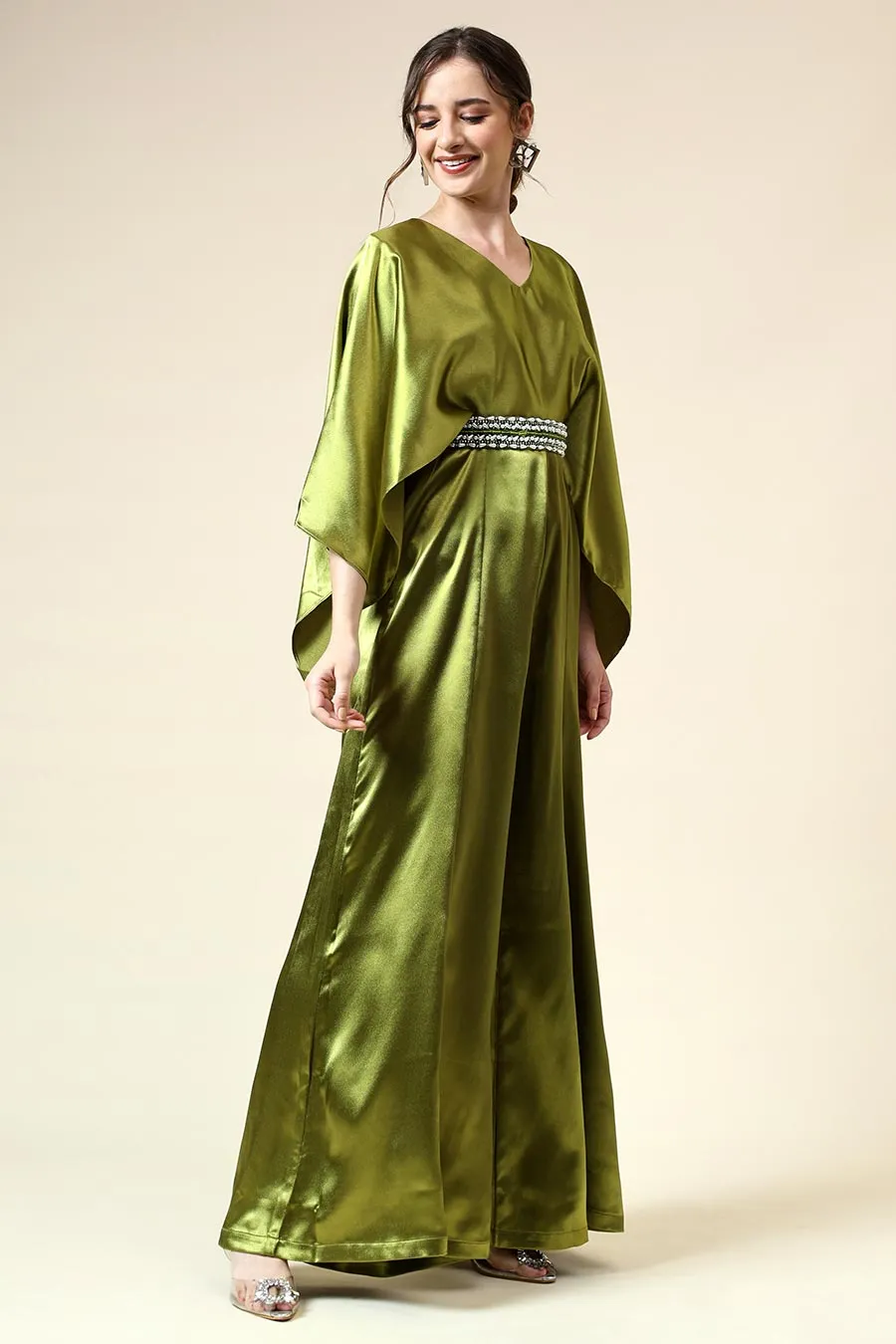 Metallic Green Jumpsuit With Embellished Belt