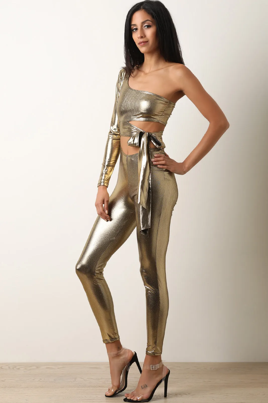 Metallic One Shoulder Cutout Fitted Jumpsuit