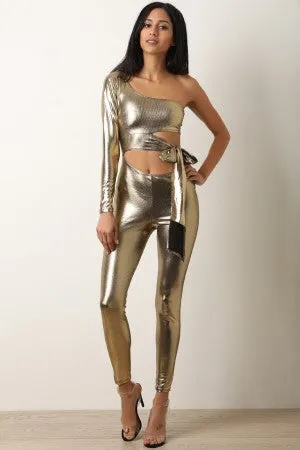 Metallic One Shoulder Cutout Fitted Jumpsuit