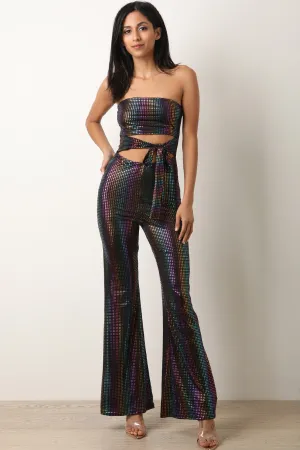 Metallic Rainbow Cutout Self-Tie Tube Jumpsuit