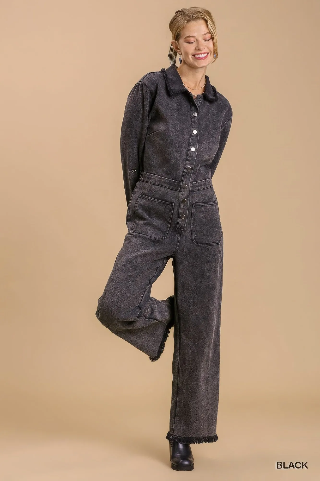 Mid button down stone wash wide leg distressed jumpsuit & side pockets with no lining