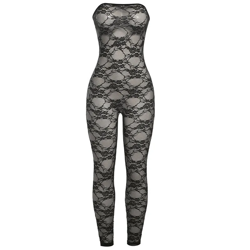 MX2101 Lace Plain Dyed Solid Jumpsuits For Women Strapless One Piece See Through Jumpsuit Activewear Jumpsuit