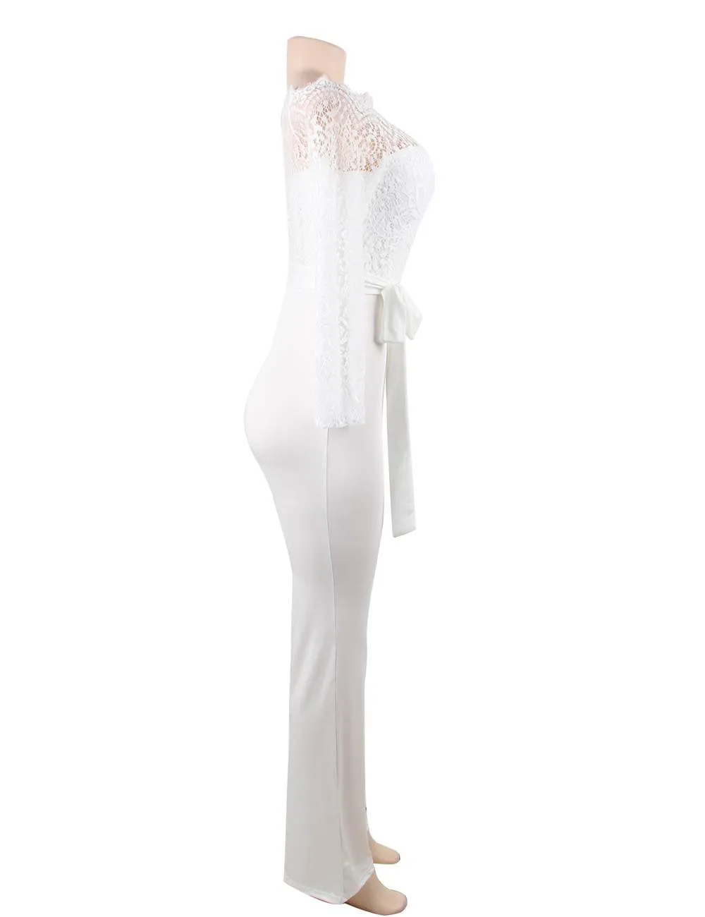 New White Falling Shoulder Lace Stitching Fashion Jumpsuit