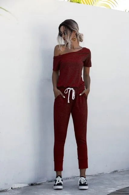 Oblique Collar Short Sleeve Mid Waist Slim Jumpsuits