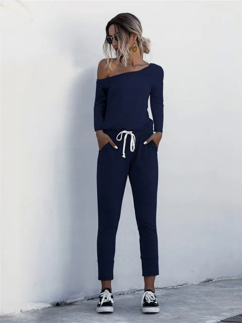 Oblique Collar Short Sleeve Mid Waist Slim Jumpsuits