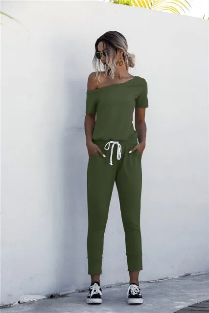 Oblique Collar Short Sleeve Mid Waist Slim Jumpsuits