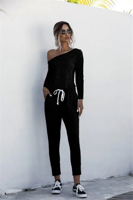 Oblique Collar Short Sleeve Mid Waist Slim Jumpsuits