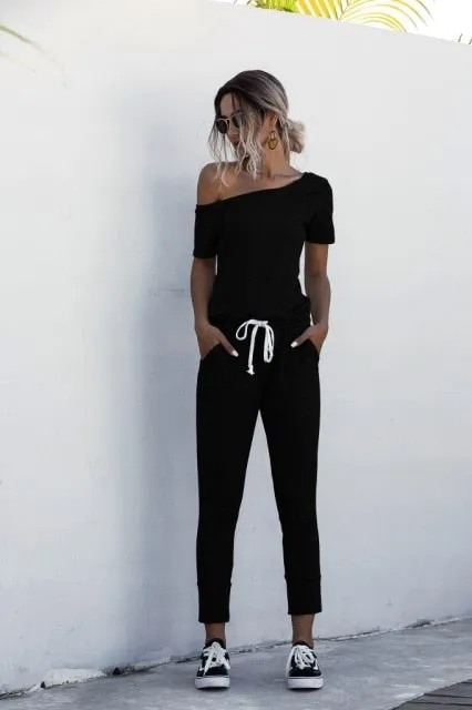 Oblique Collar Short Sleeve Mid Waist Slim Jumpsuits