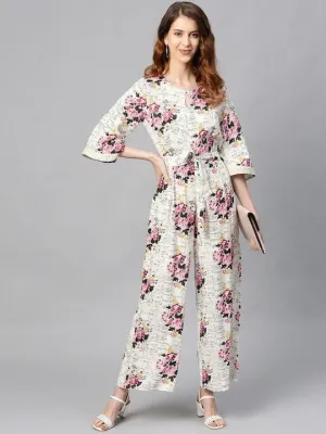 Off-White & Pink Floral Print Jumpsuit