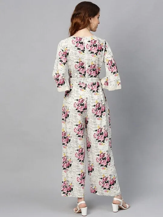 Off-White & Pink Floral Print Jumpsuit