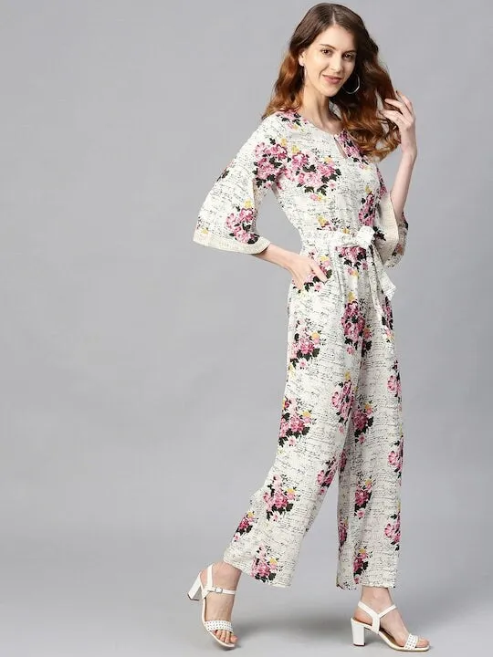 Off-White & Pink Floral Print Jumpsuit