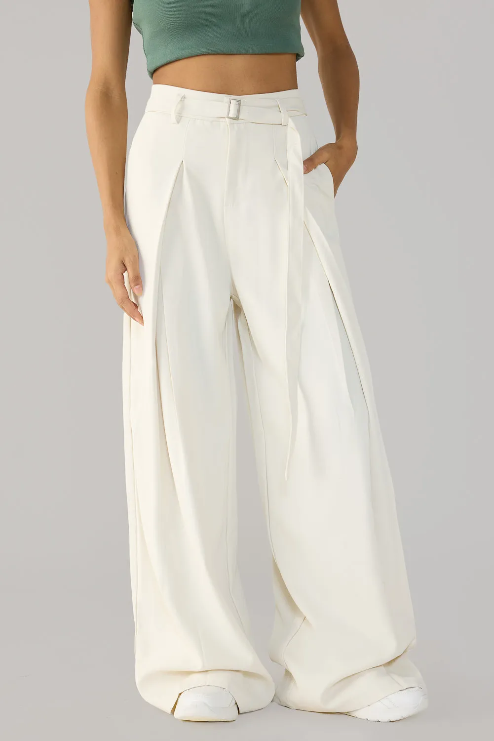 Off White Belted Flared Korean Pants