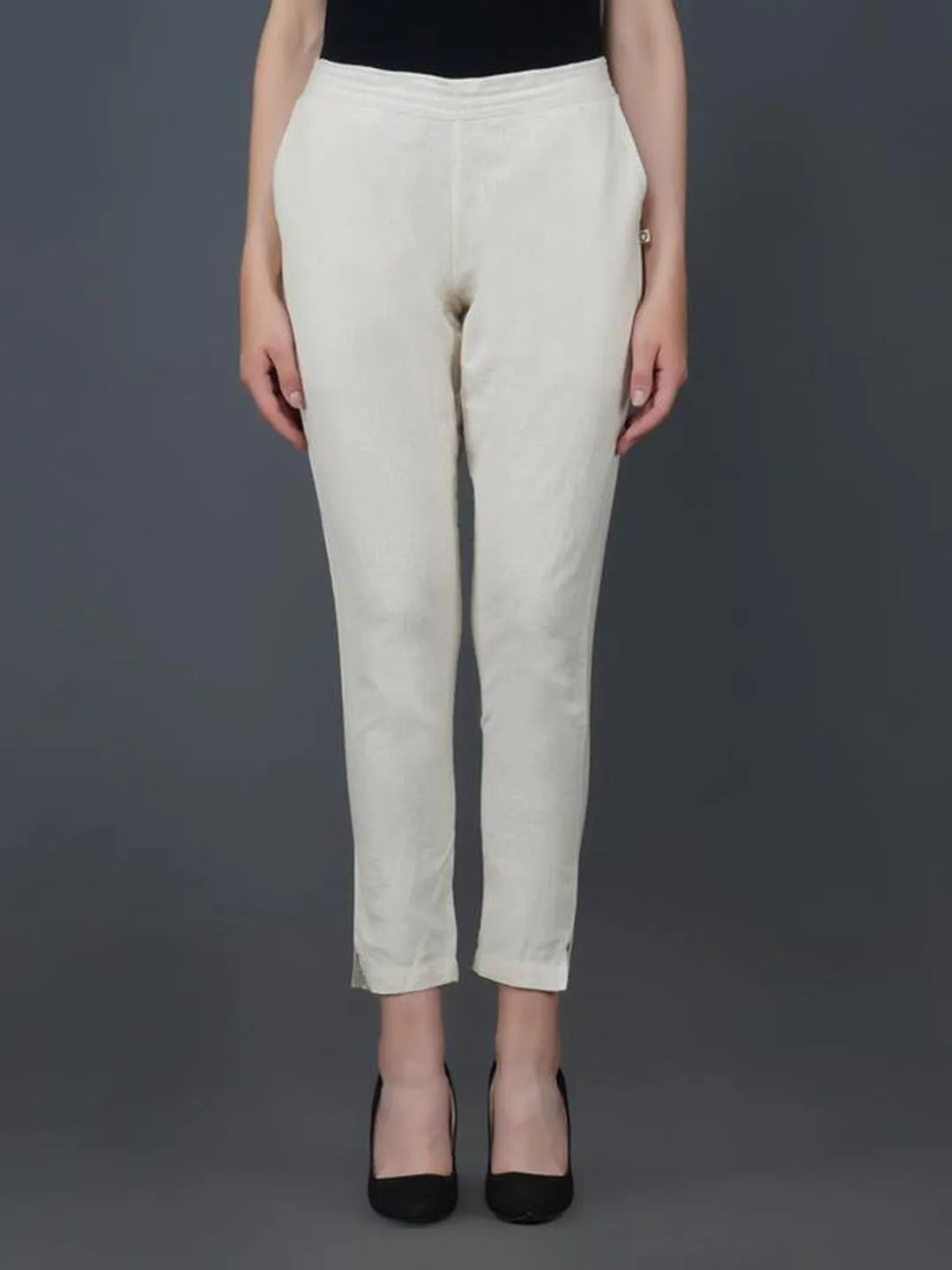 Off White Cotton Flex Pant With Pockets