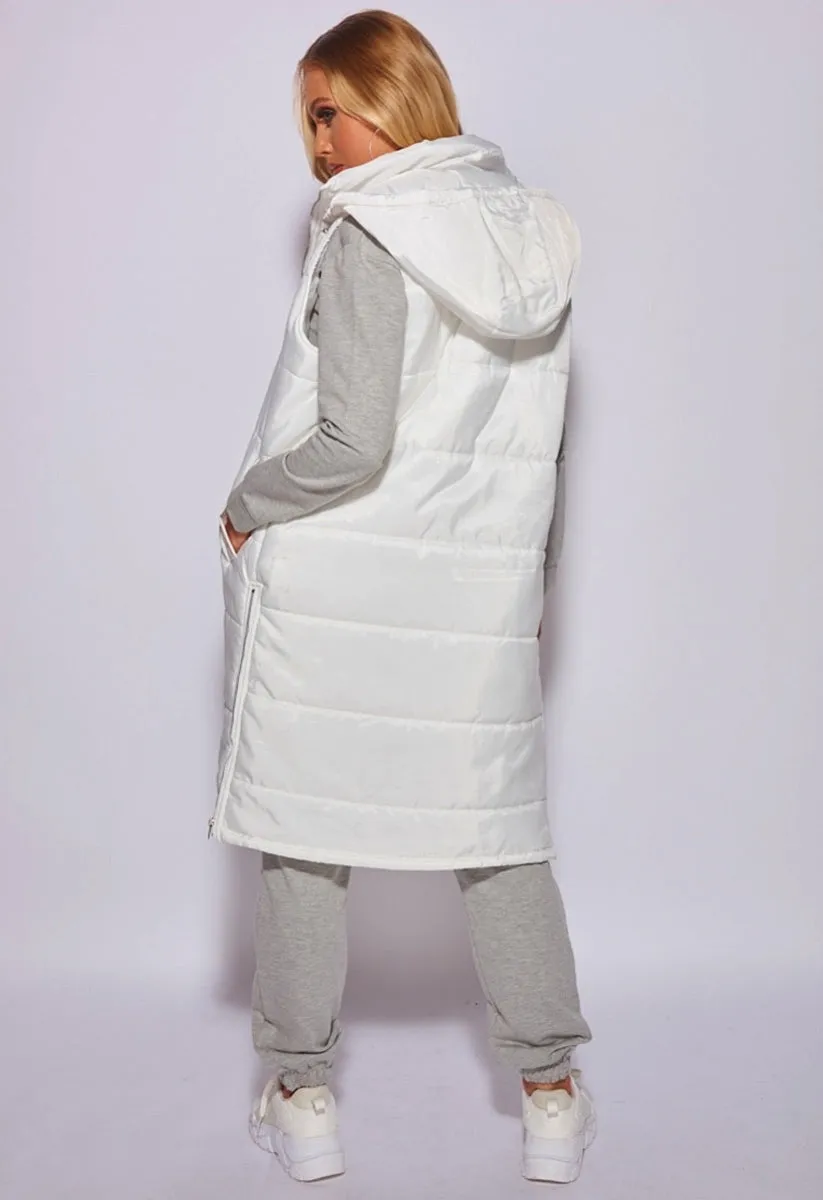 Off White Hooded Longline Puffer Gilet