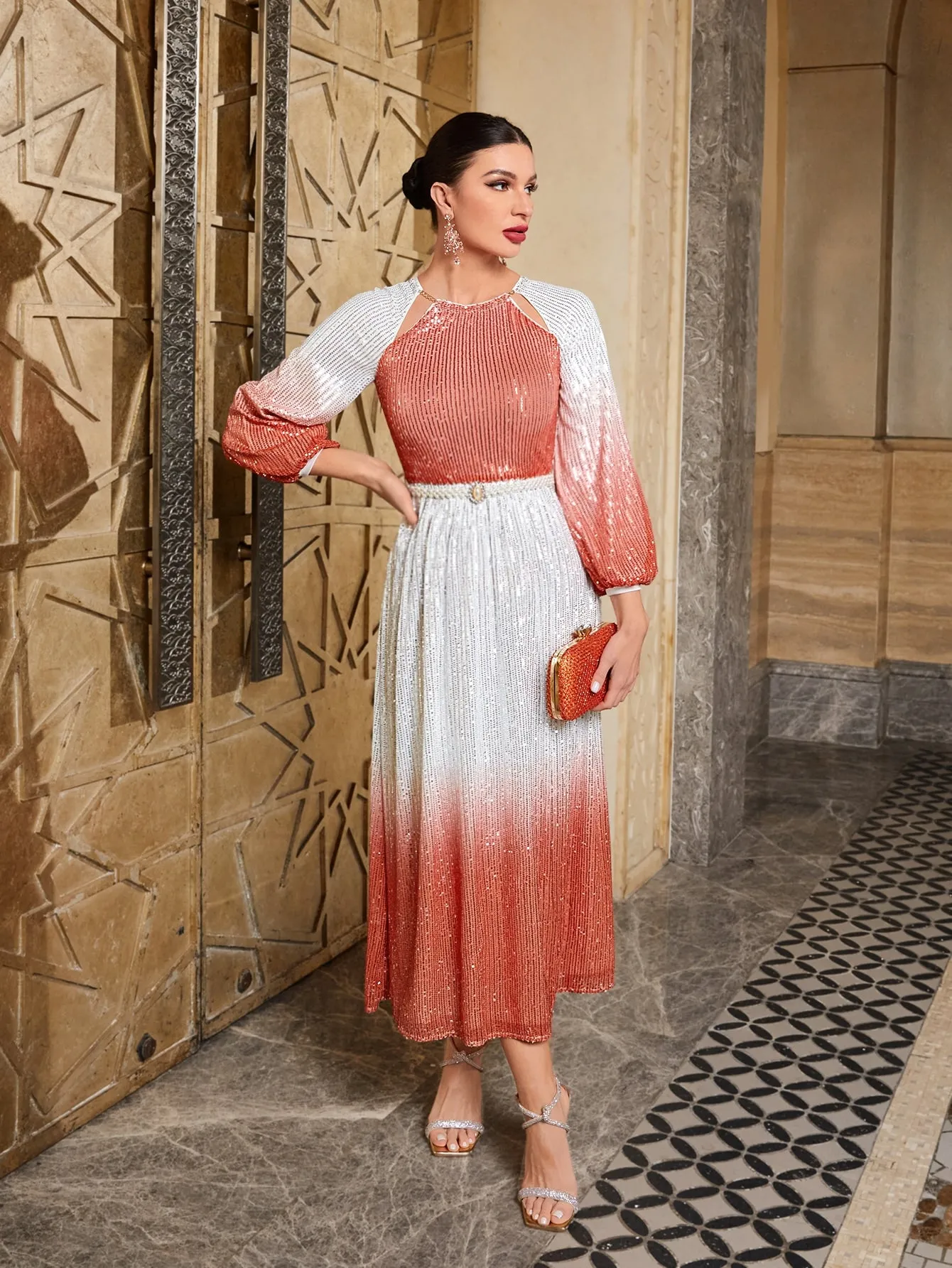 Ombre Lantern Sleeve Belted Metallic Dress