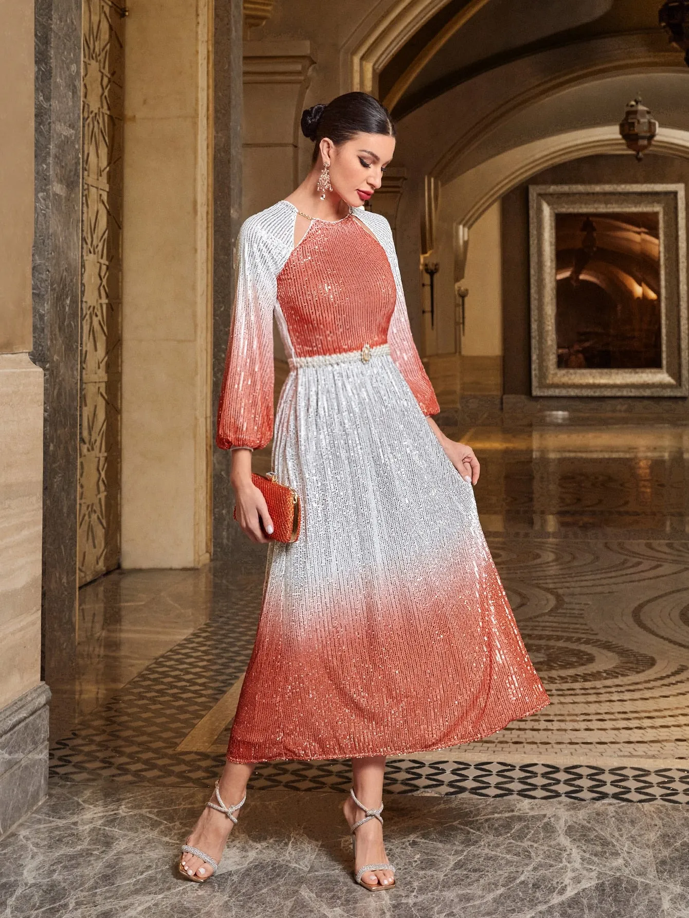 Ombre Lantern Sleeve Belted Metallic Dress