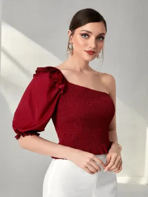 One Shoulder Ruffle Trim Shirred Blouse