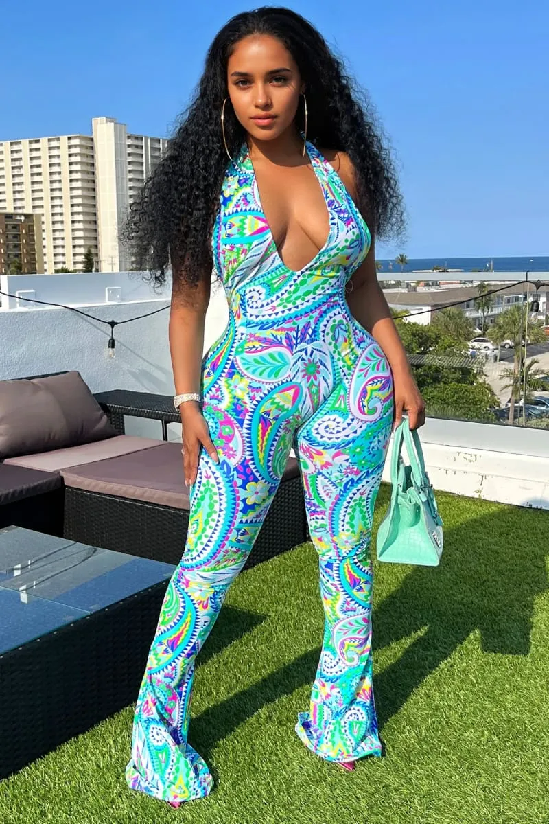 Paisley Halter Bell Bottom Jumpsuit