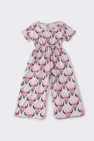 Pink cow plaid girl jumpsuit