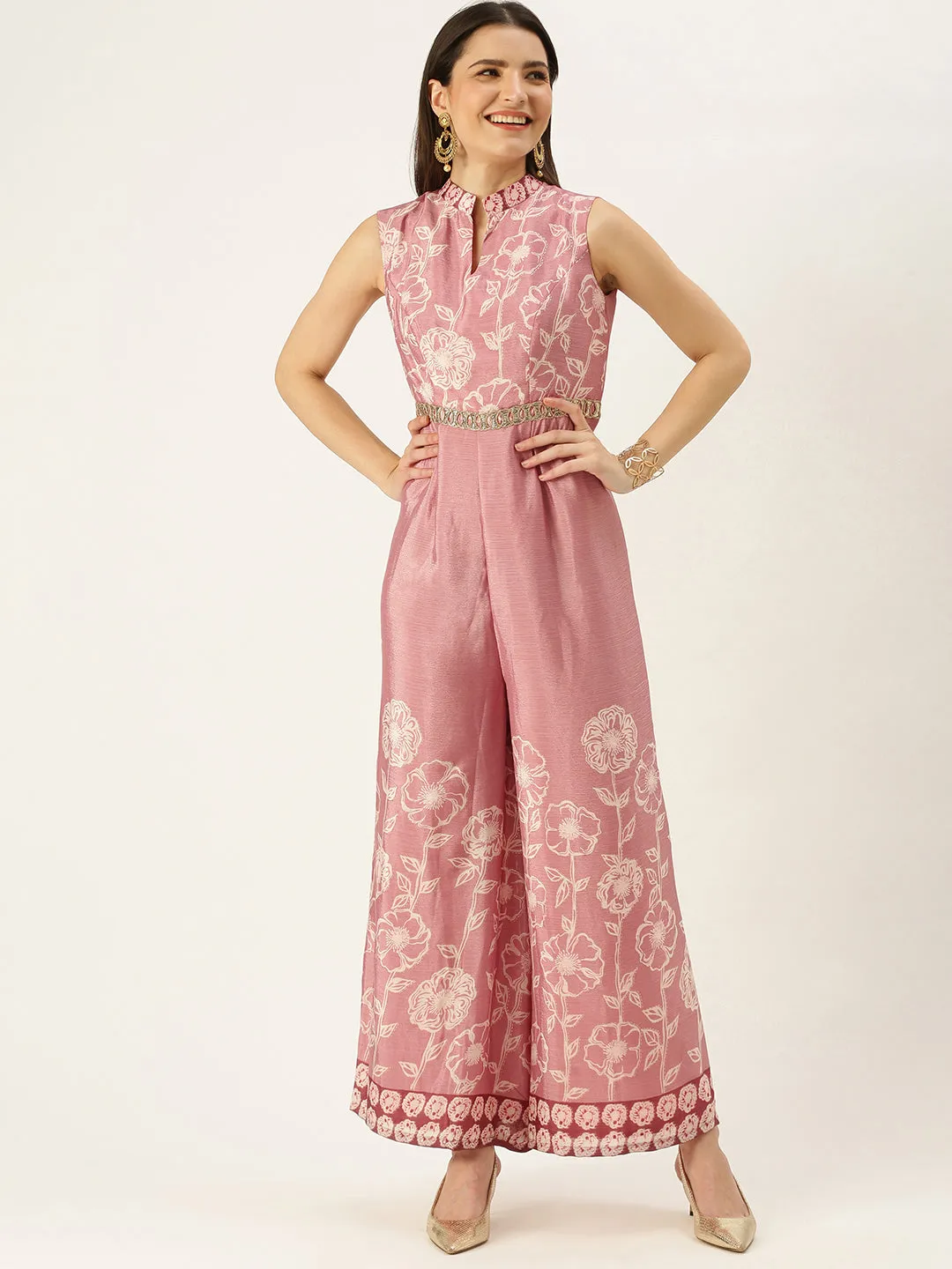 Pink Foil Print Chinon Jumpsuit