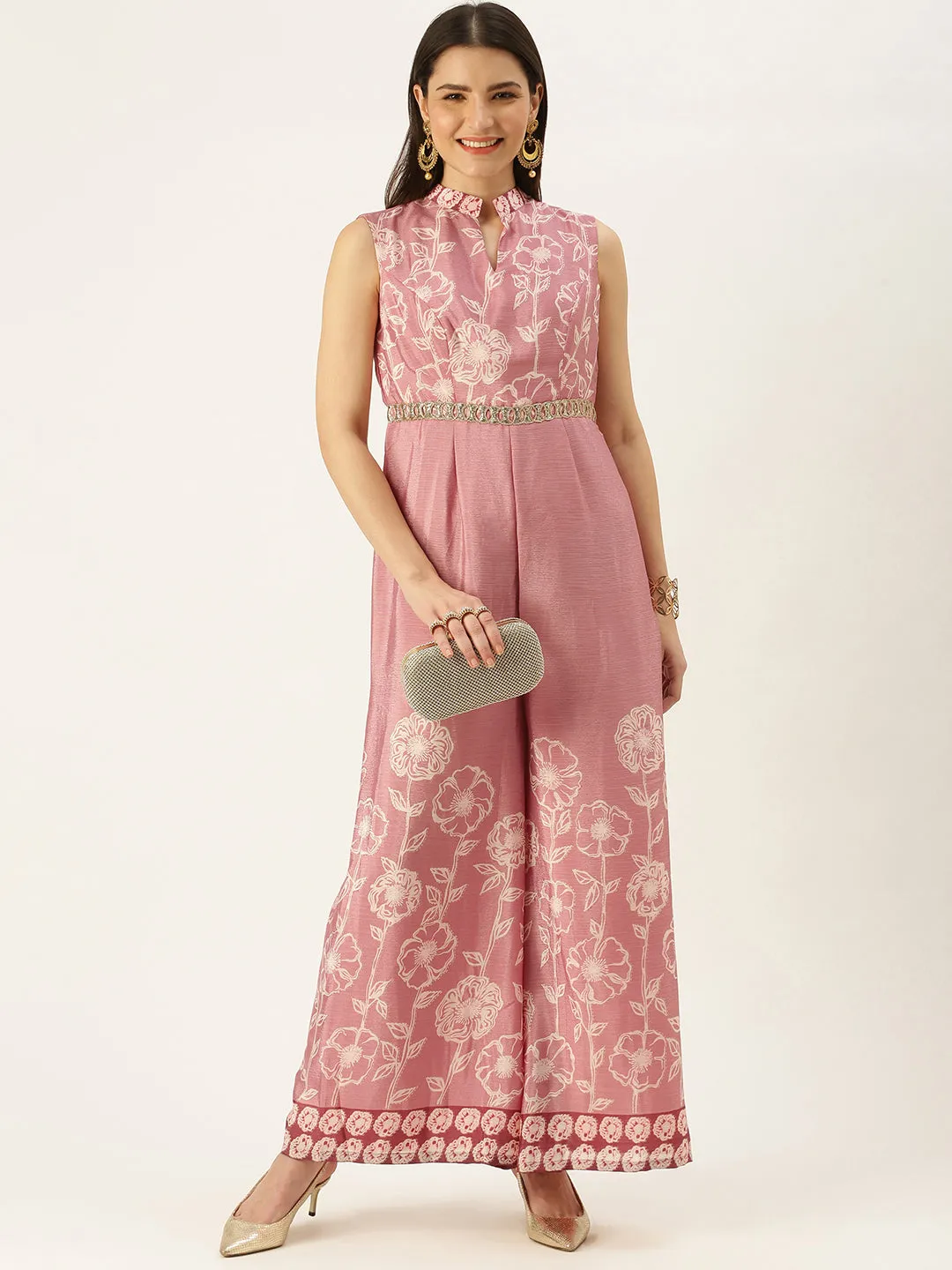 Pink Foil Print Chinon Jumpsuit