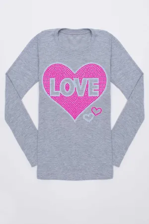 Pink Heart Cute Long Sleeve Gray Tee - Girls