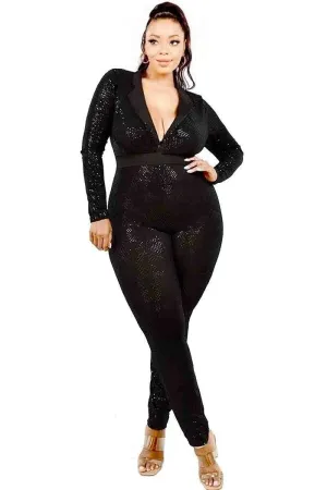 Plus Long Sleeve Sequin Deep V Neck Jumpsuit