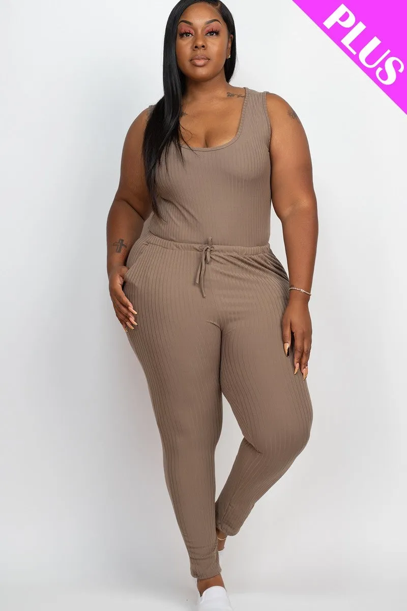 Plus Ribbed Sleeveless Drawstring Jumpsuit