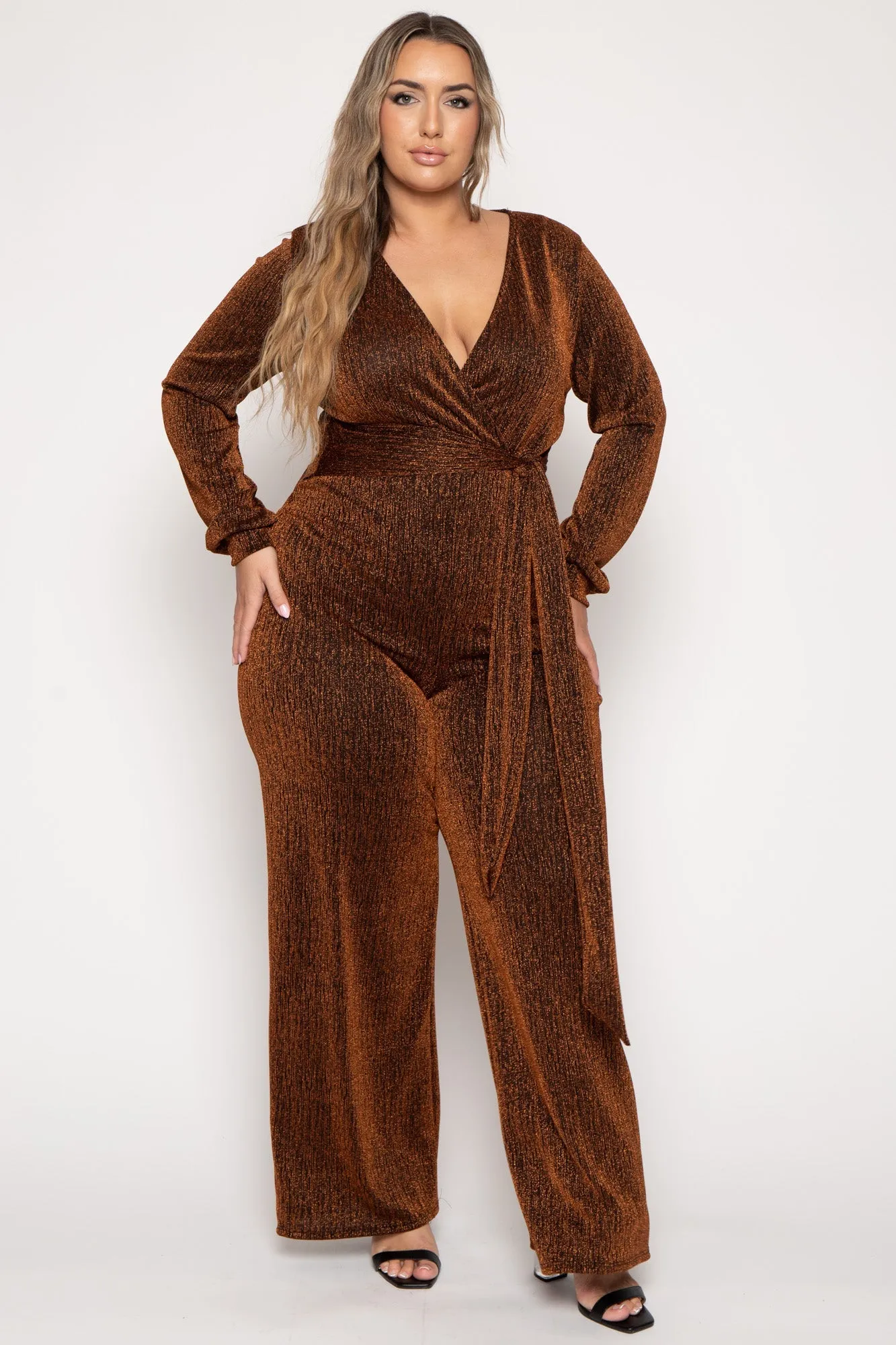 Plus Size Geneva Sash Lurex Jumpsuit -Bronze