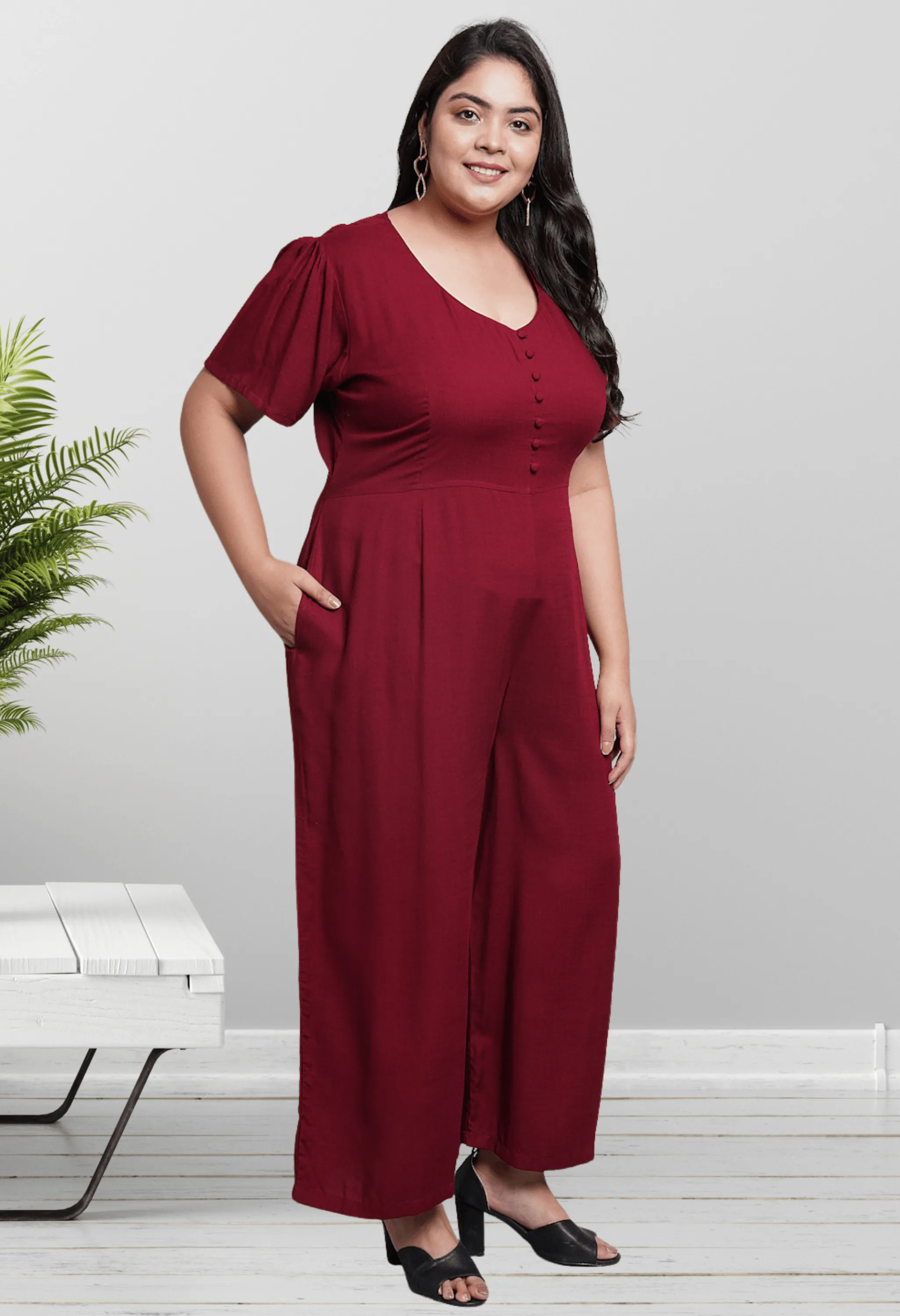 Plus Size Plus Size Solid Maroon Jumpsuit