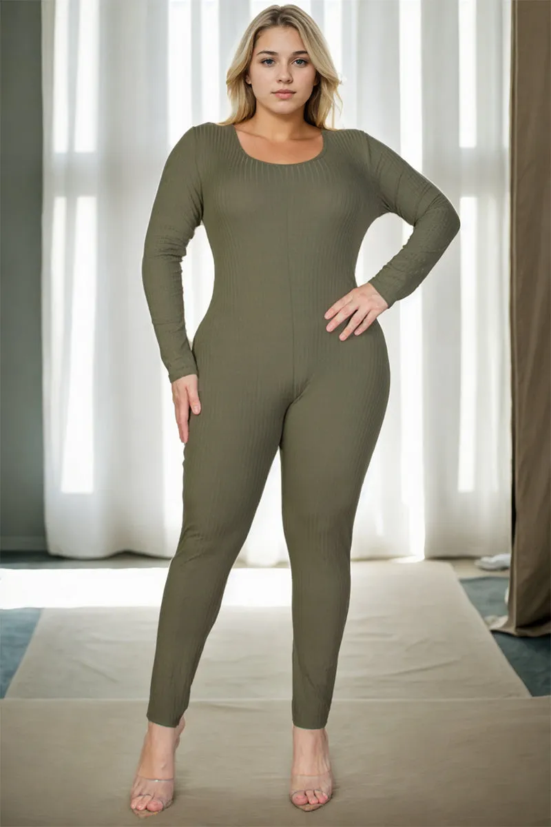 Plus Size Ribbed Scoop Neck Long Sleeve Jumpsuit