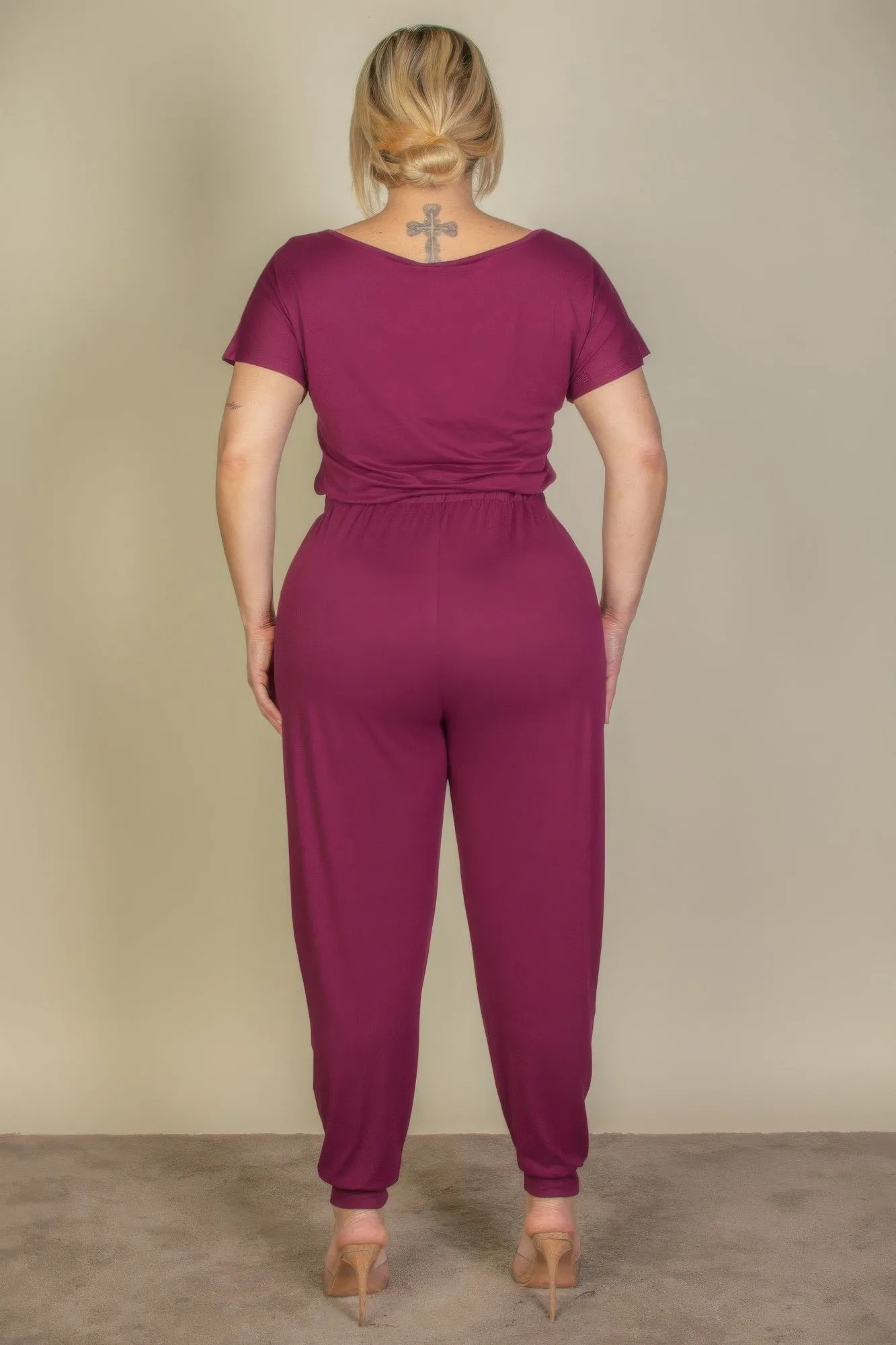 Plus Size Solid Drawstring Short Sleeve Jumpsuit