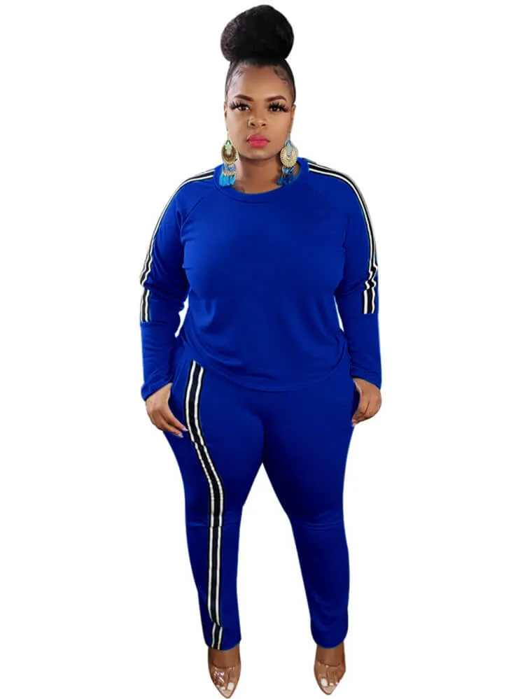 Plus Size Two Piece Stripe Long Sleeve Tops   Pants Sets