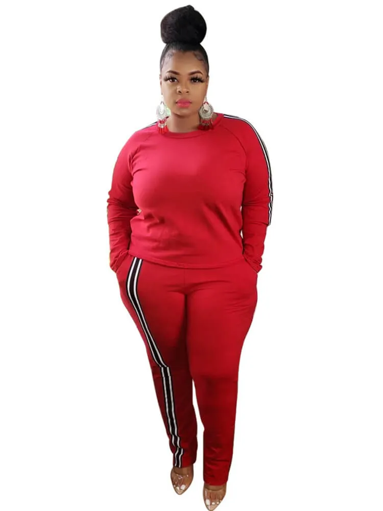 Plus Size Two Piece Stripe Long Sleeve Tops   Pants Sets