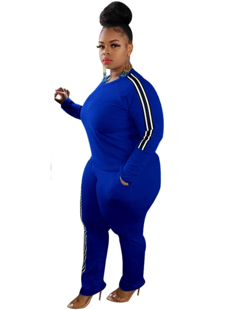 Plus Size Two Piece Stripe Long Sleeve Tops   Pants Sets