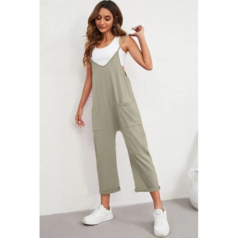 Pocketed Spaghetti Strap Straight Leg Jumpsuit