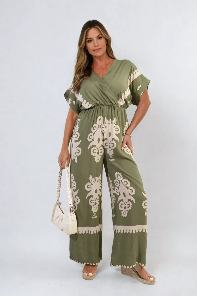 Printed Cross Front Wide Leg Jumpsuit